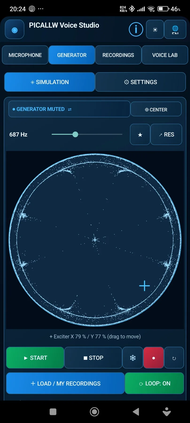 PICALLW Voice Studio generator frekvenc in cimatični vzorec